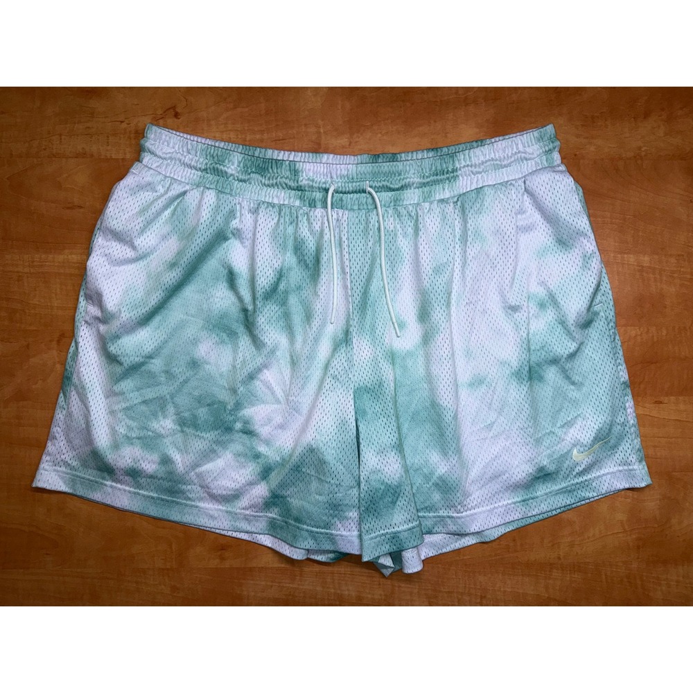Nike Womens 1X Tie Dye Mesh Athletic Shorts Green White Drawstring Pockets